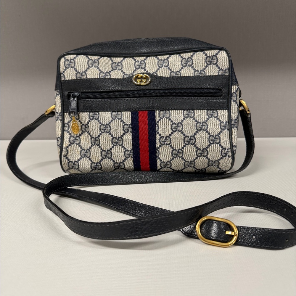 Gucci Blue Crossbody Bag with Red Stripe